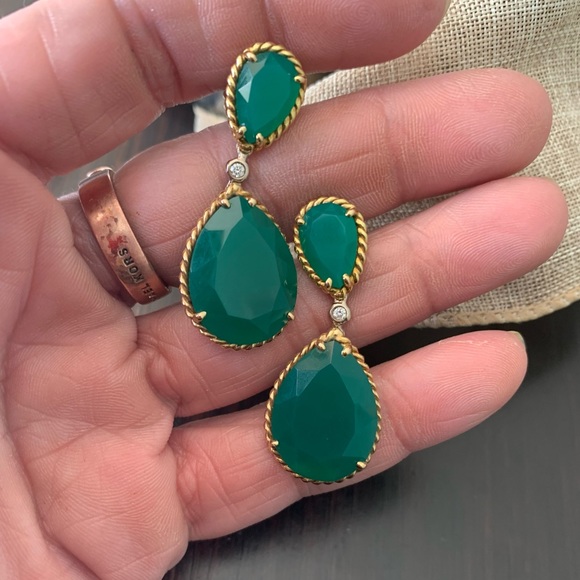 Drop Style Natural Green Onyx Earrings with Diamond Accent in 14kt Gold - Picture 2 of 6